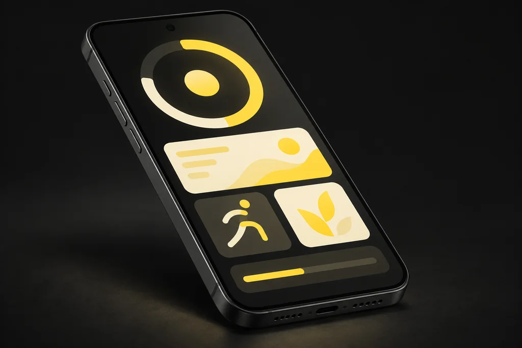 A close-up concept phone with abstract yellow progress shapes on a dark interface.