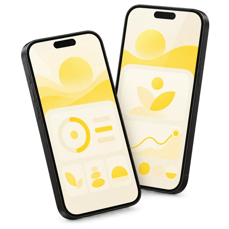 Two angled phones with original yellow and cream concept app interfaces.